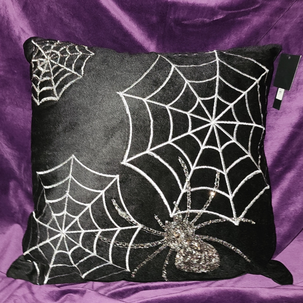 Spider and Web Black Velvet and Silver Pillow Beaded Halloween Pillow Decor